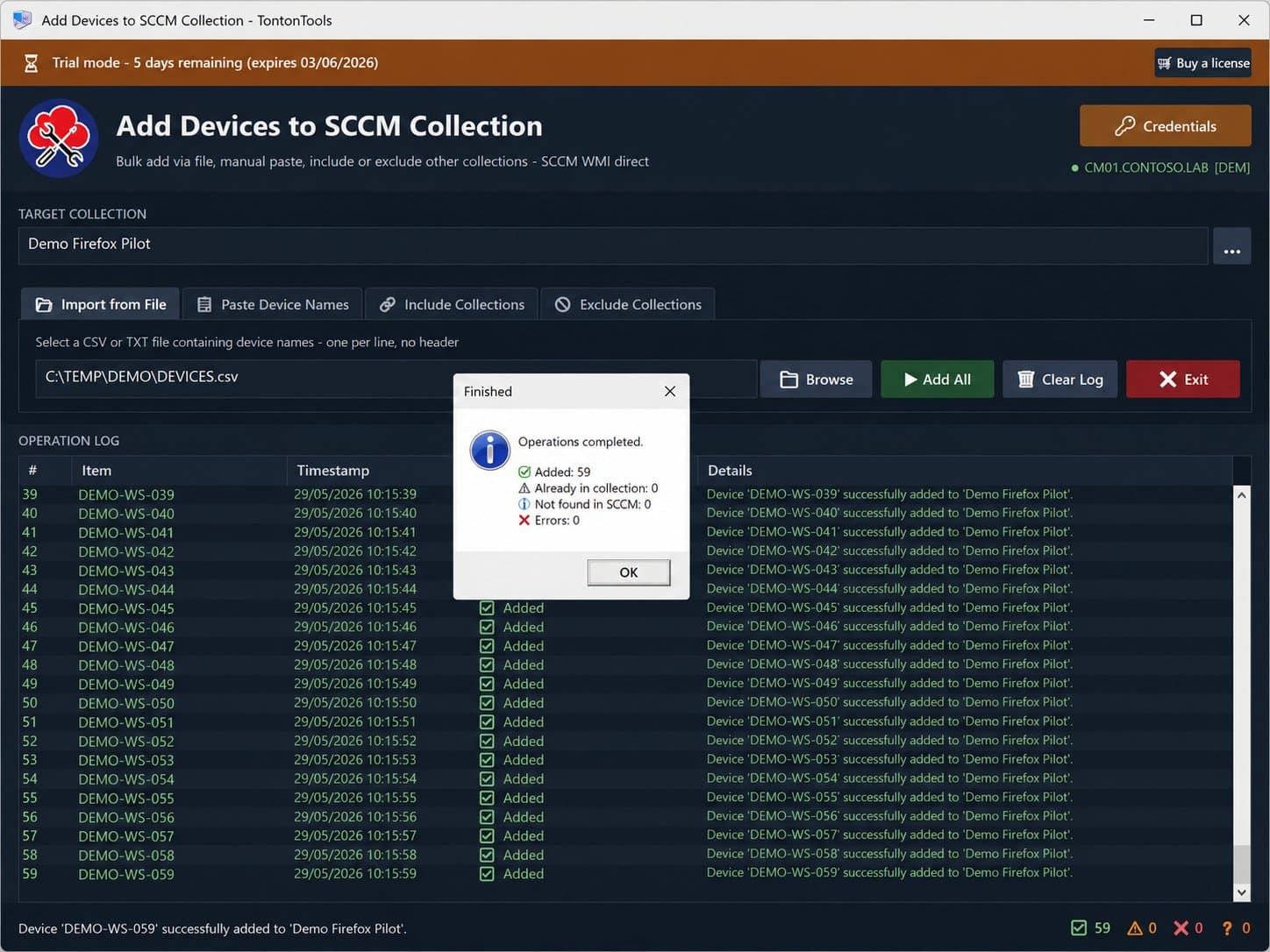 Add Devices to SCCM Collection — Import from File mode, completion dialog showing 59 added, 0 not found in SCCM, 0 errors