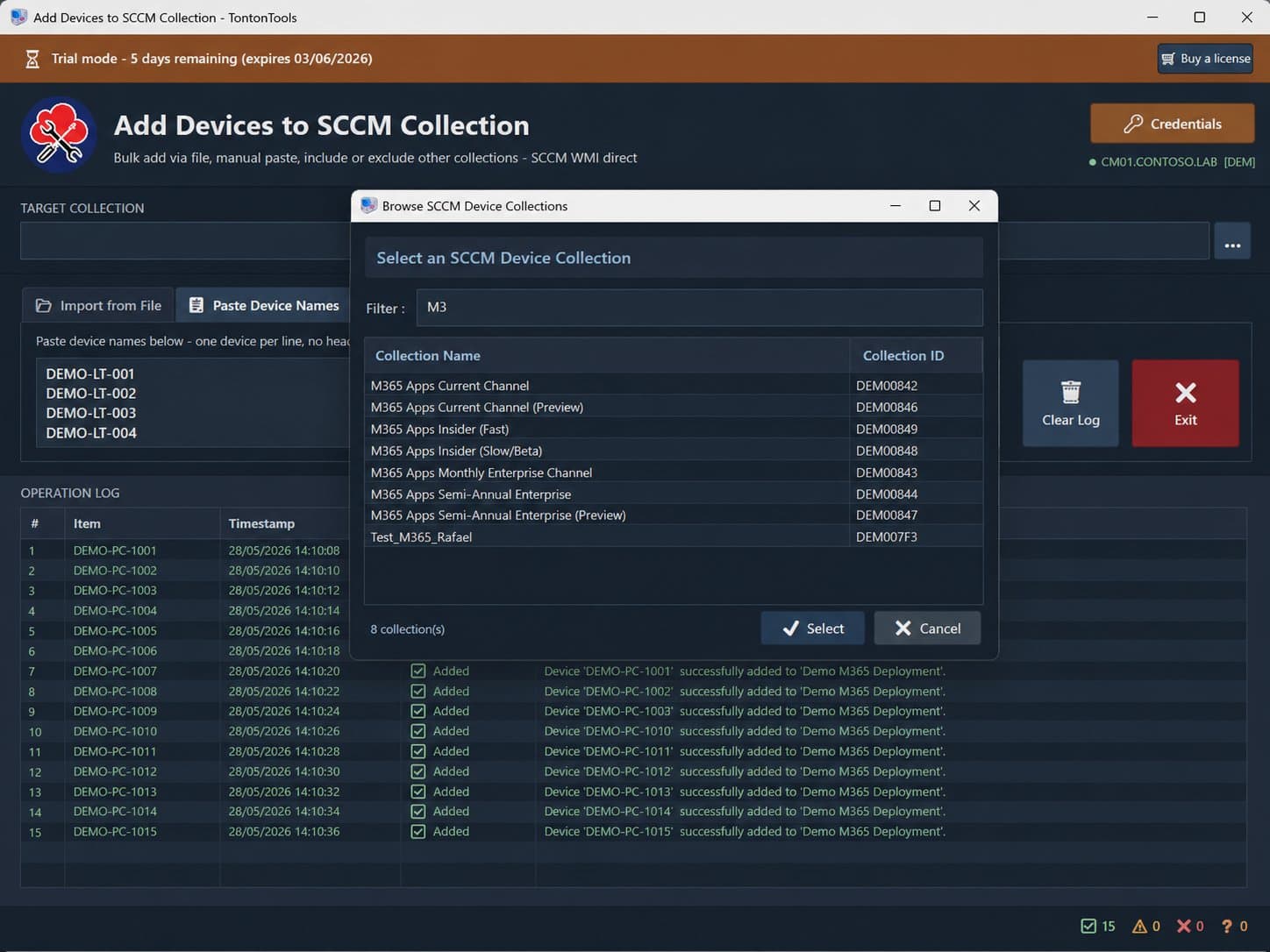 Add Devices to SCCM Collection — Paste Device Names mode with the Browse SCCM Device Collections picker open