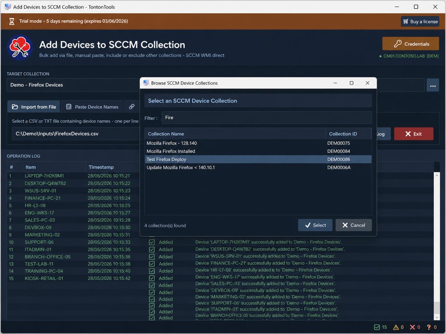 Add Devices to SCCM Collection — Browse SCCM Device Collections picker filtering collections by name