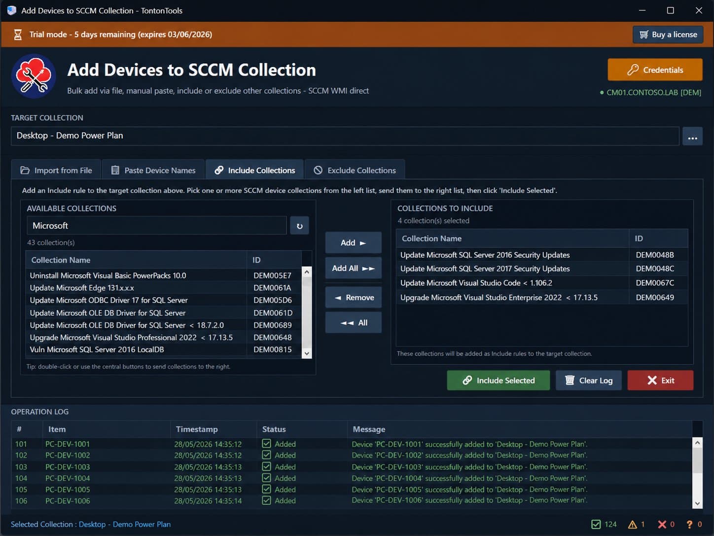 Add Devices to SCCM Collection — Include Collections tab, two-pane selector adding whole collections as include rules