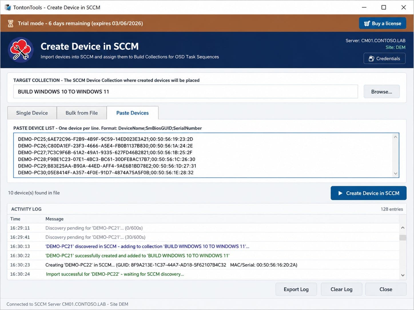 Create Device in SCCM — Paste Devices tab with a DeviceName;GUID;Serial list and the activity log showing discovery and collection add