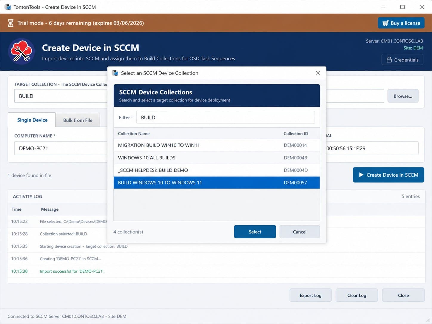 Create Device in SCCM — Select an SCCM Device Collection picker filtering Build collections by name