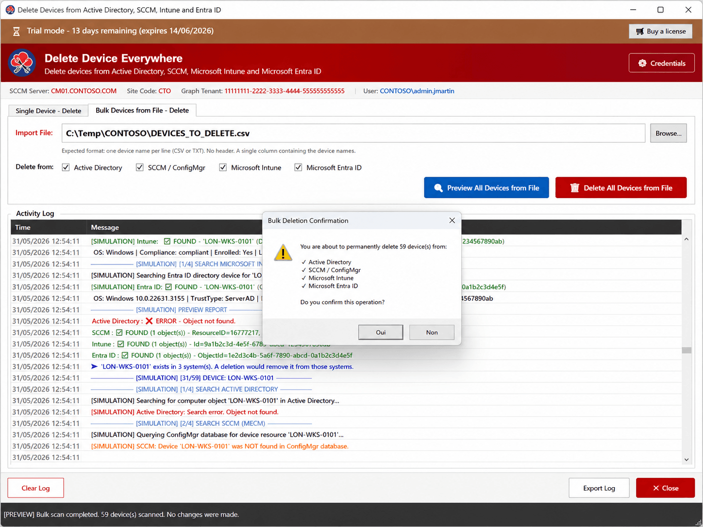 Delete Device Everywhere — Bulk from File tab with the Bulk Deletion Confirmation dialog for 59 devices across the four systems