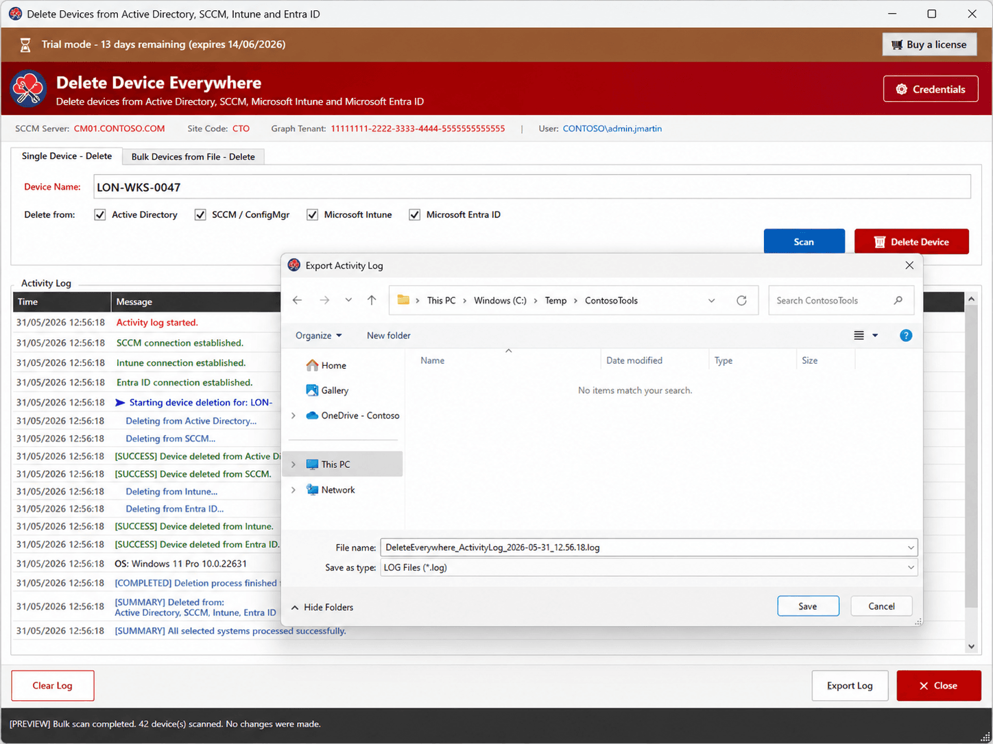 Delete Device Everywhere — Single Device deletion completed successfully across all four systems, with the Export Activity Log dialog open