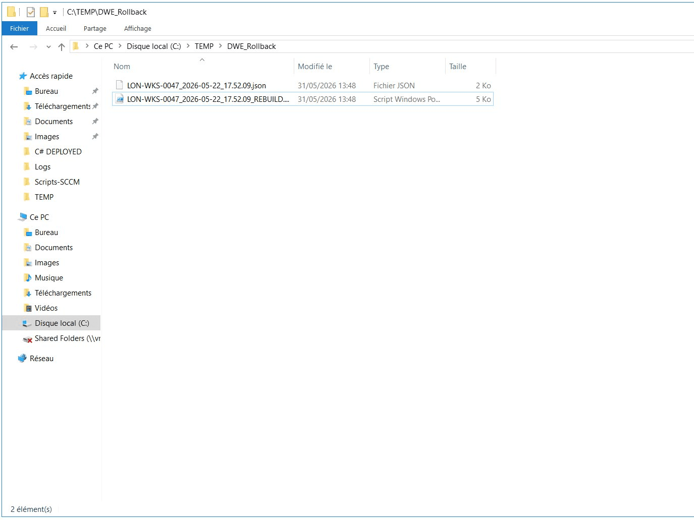 Delete Device Everywhere — the C:\TEMP\DWE_Rollback folder holding a per-device JSON snapshot and a PowerShell rebuild script