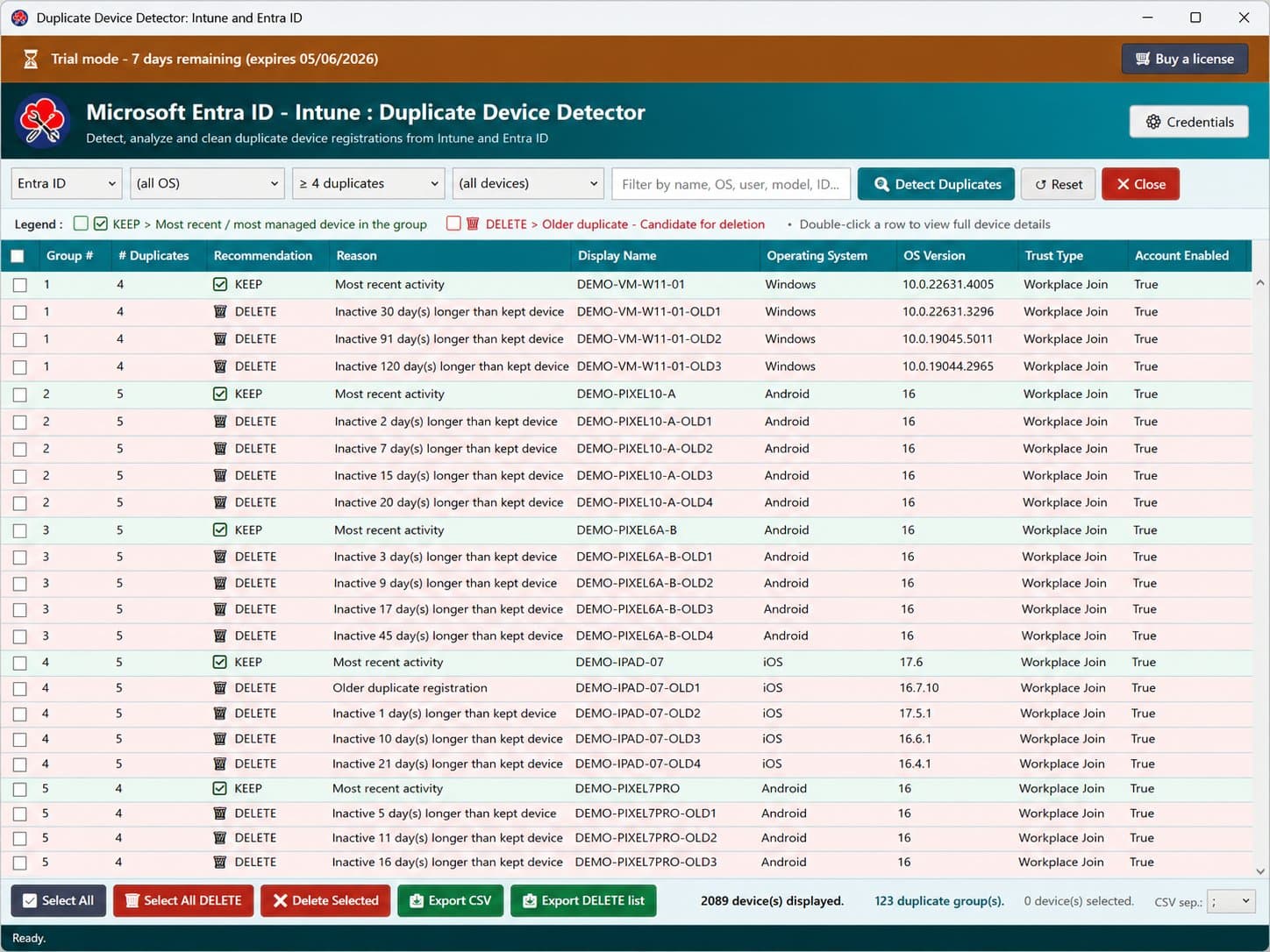 Duplicate Device Management showing a clean grid