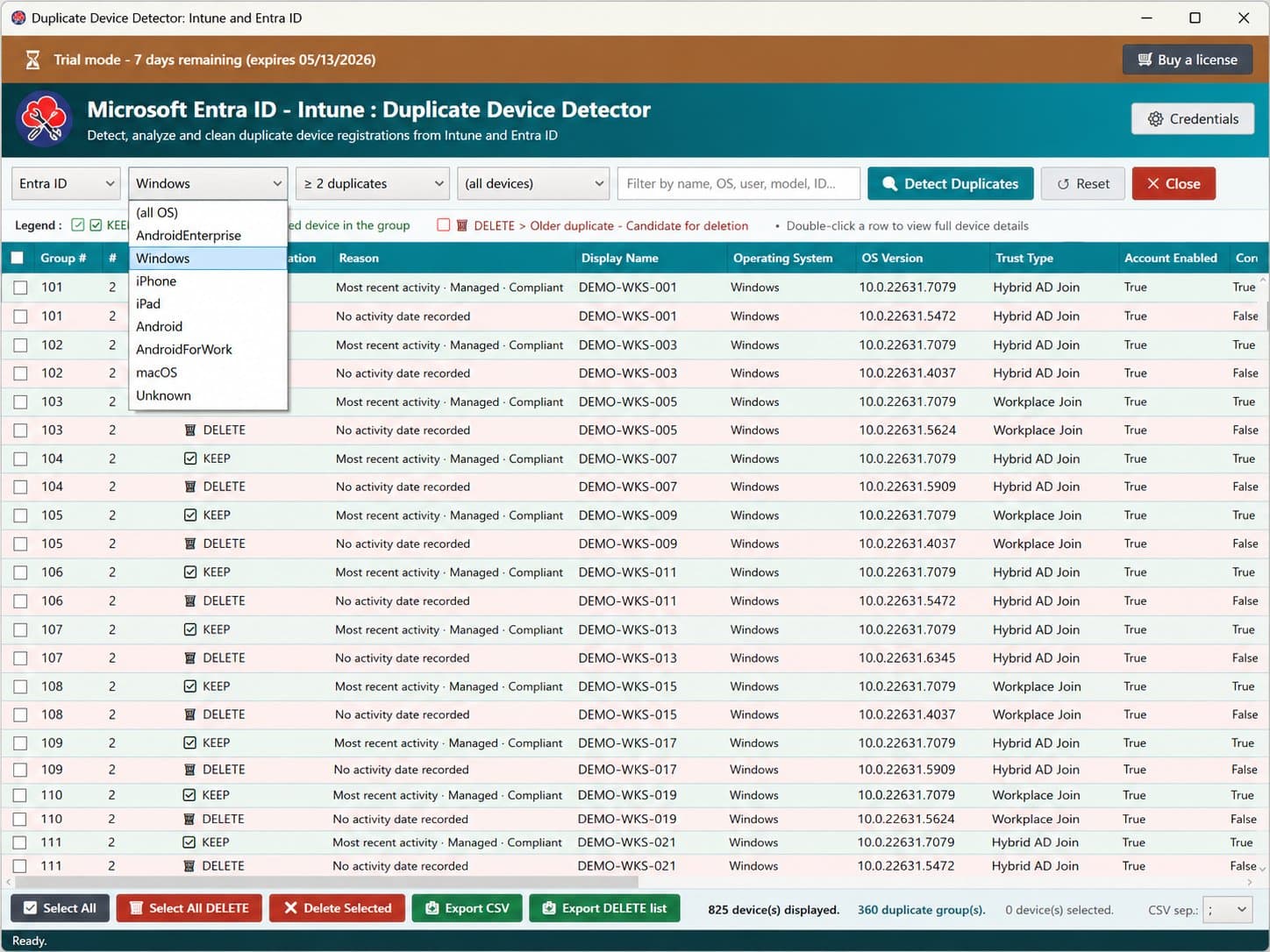 Duplicate Device Detector — OS filter dropdown open over the grid, with source, OS and duplicate-count filters