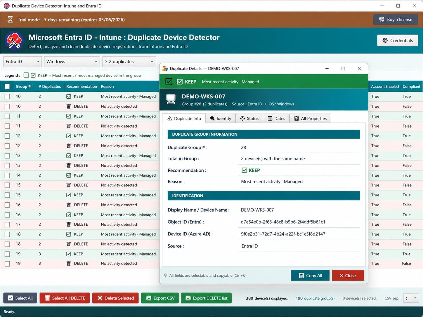 Duplicate Device Detector — Duplicate Details dialog for one device showing Object ID, Device ID, dates and all properties