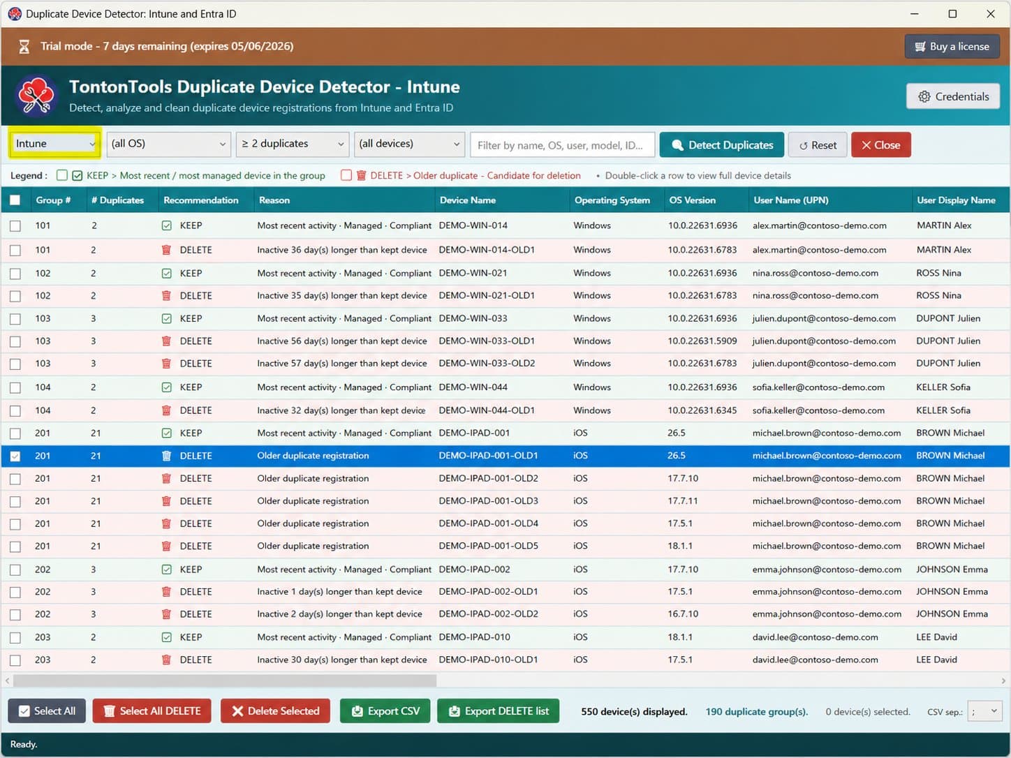 Duplicate Device Detector — Intune source view with user UPN columns and a DELETE candidate row selected