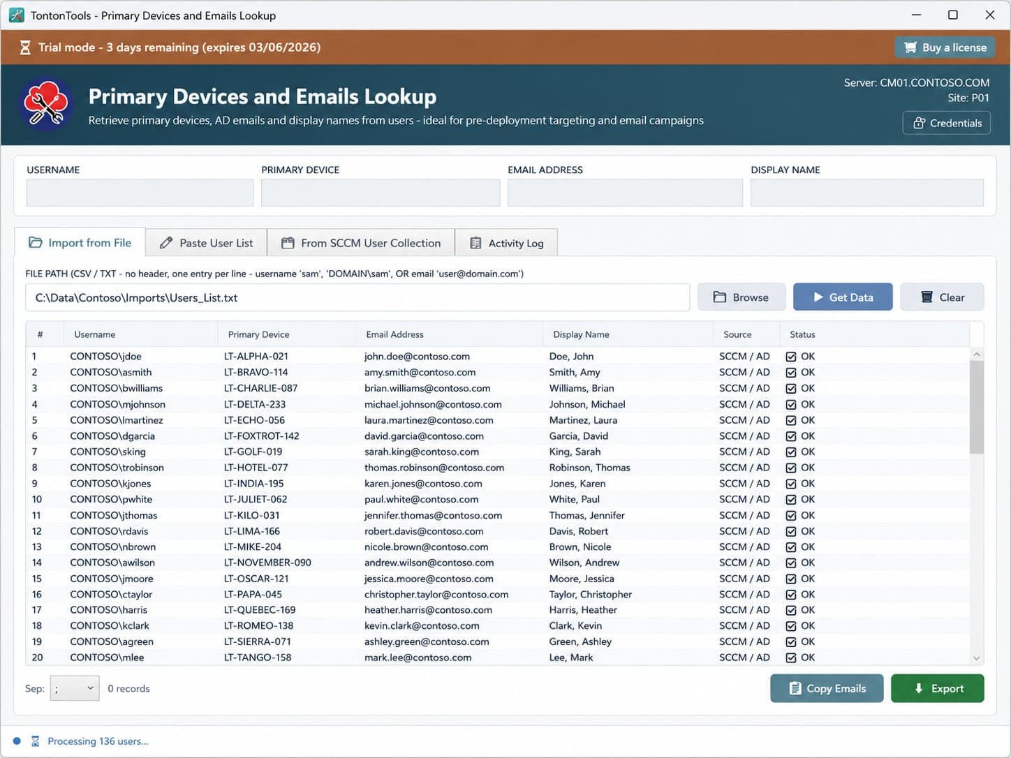 Primary Devices and Emails Lookup — Import from File tab, bulk grid of users with primary device, email, display name and SCCM/AD source