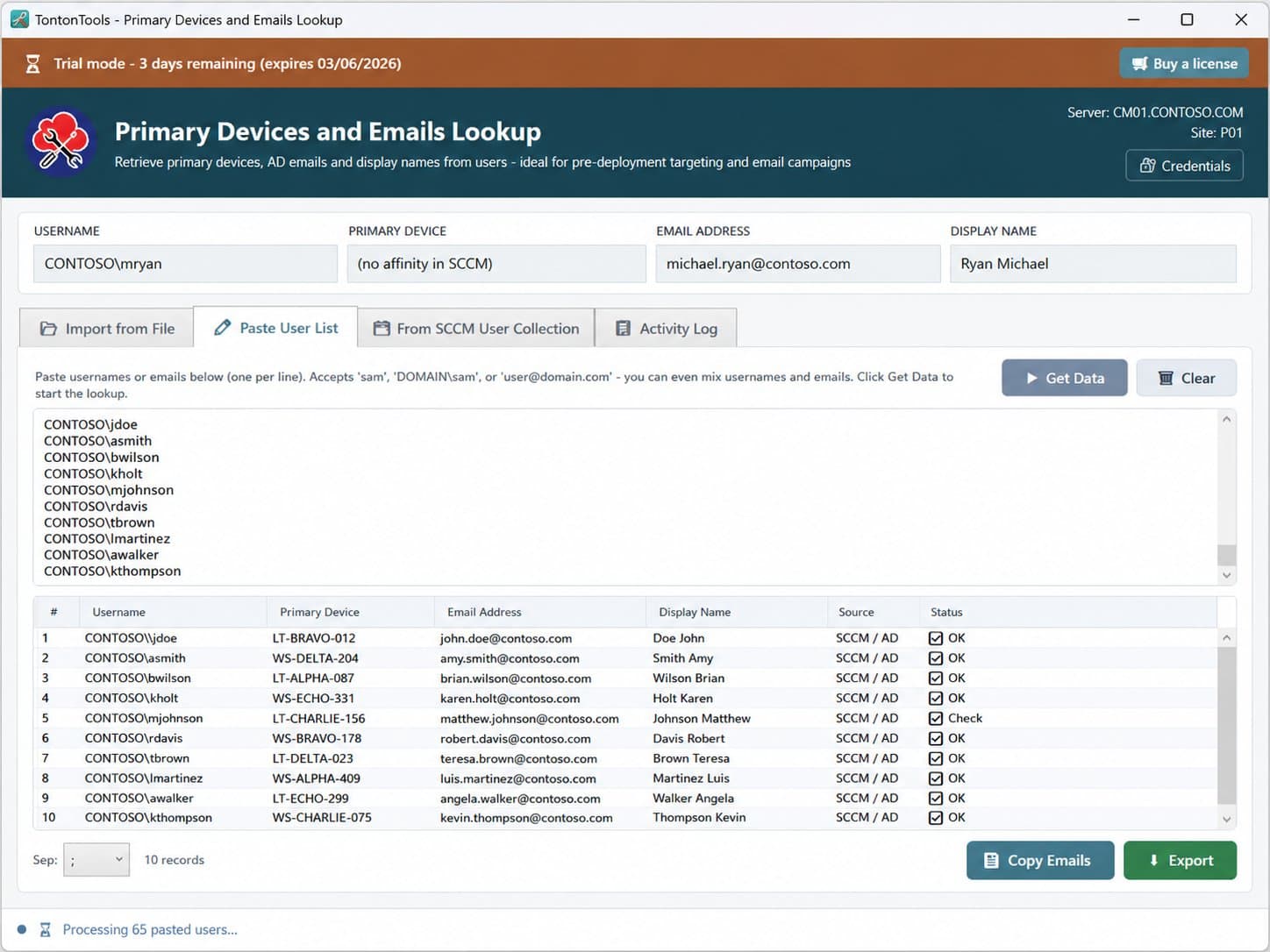 Primary Devices and Emails Lookup — Paste User List tab with the single-user result fields populated and a no-affinity-in-SCCM case