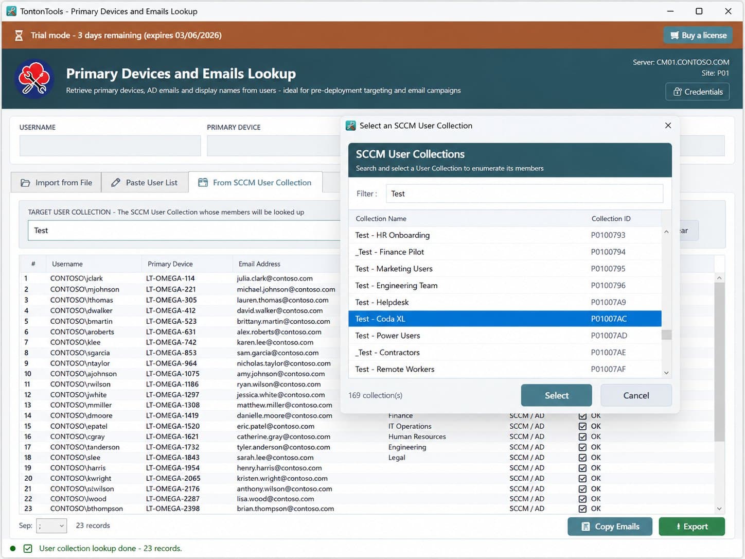 Primary Devices and Emails Lookup — Select an SCCM User Collection dialog, searchable list of user collections