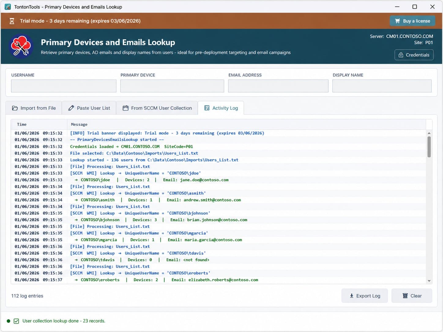 Primary Devices and Emails Lookup — Activity Log tab showing per-user WMI lookups with device counts and resolved emails