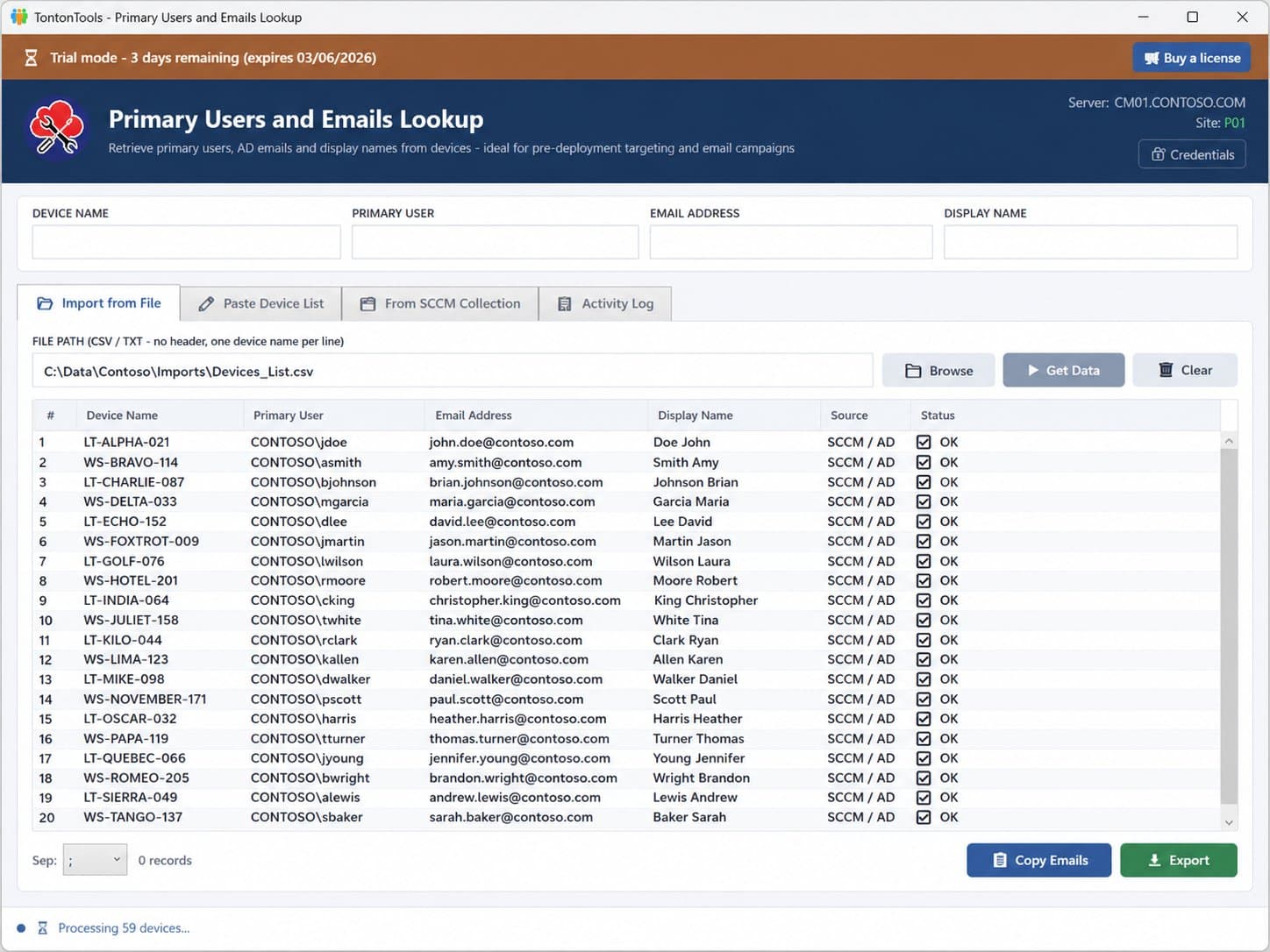 Primary Users and Emails Lookup — Import from File tab, bulk grid of devices with primary user, email, display name and SCCM/AD source
