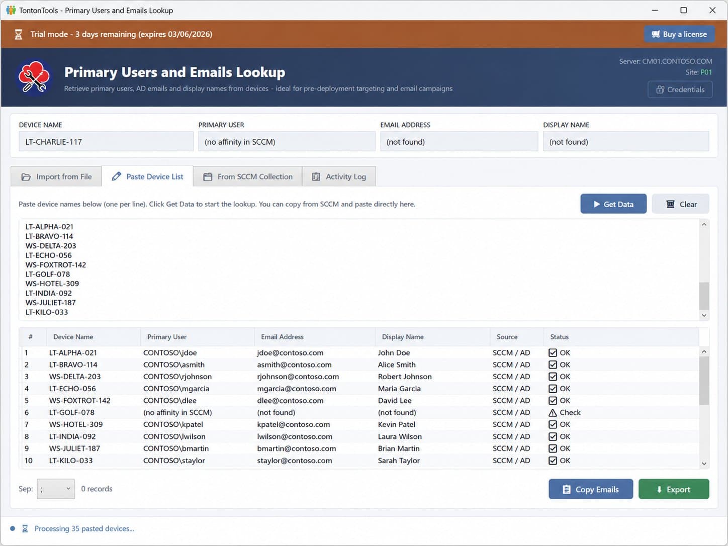 Primary Users and Emails Lookup — Paste Device List tab with single-device result fields and a no-affinity, not-found case