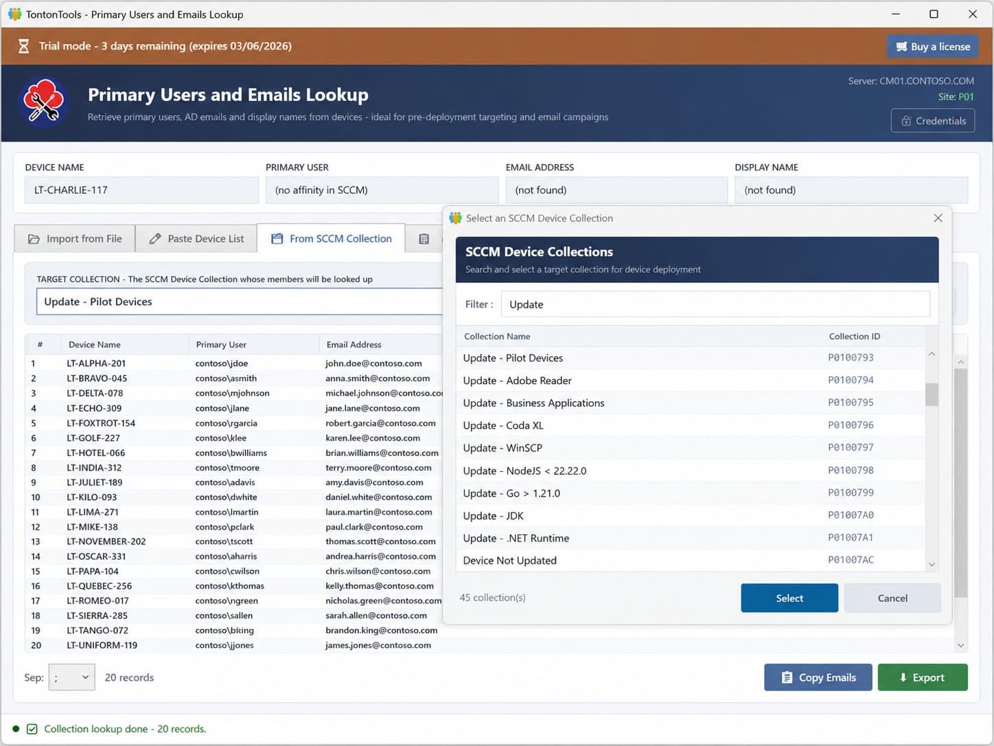 Primary Users and Emails Lookup — Select an SCCM Device Collection dialog, searchable list of device collections