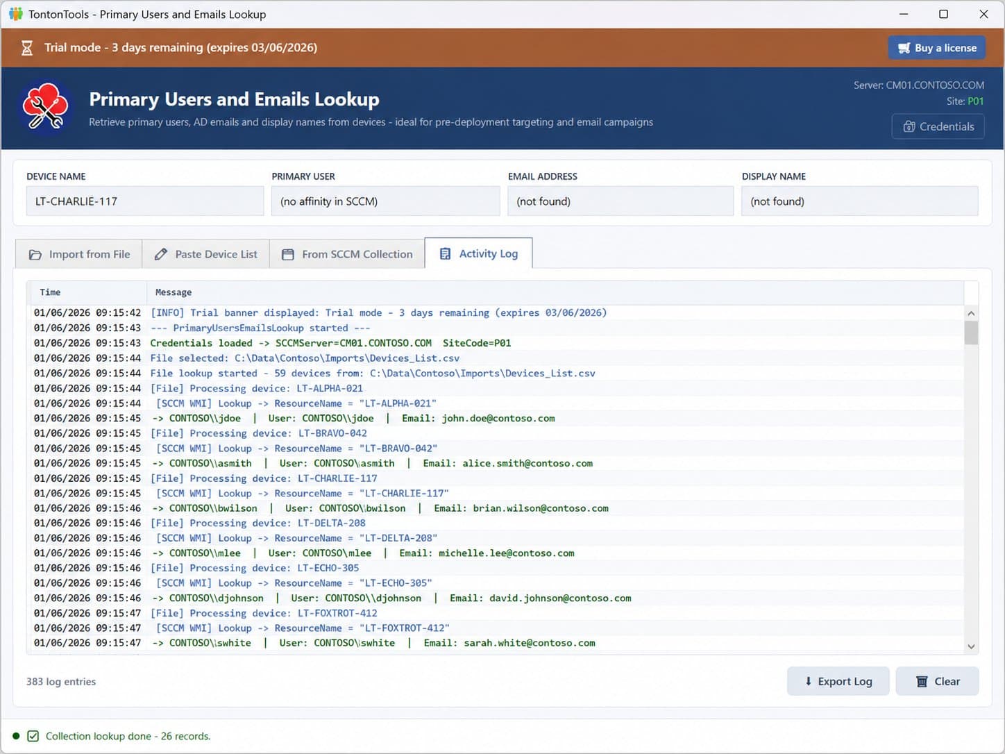 Primary Users and Emails Lookup — Activity Log tab showing per-device WMI lookups resolving user and email