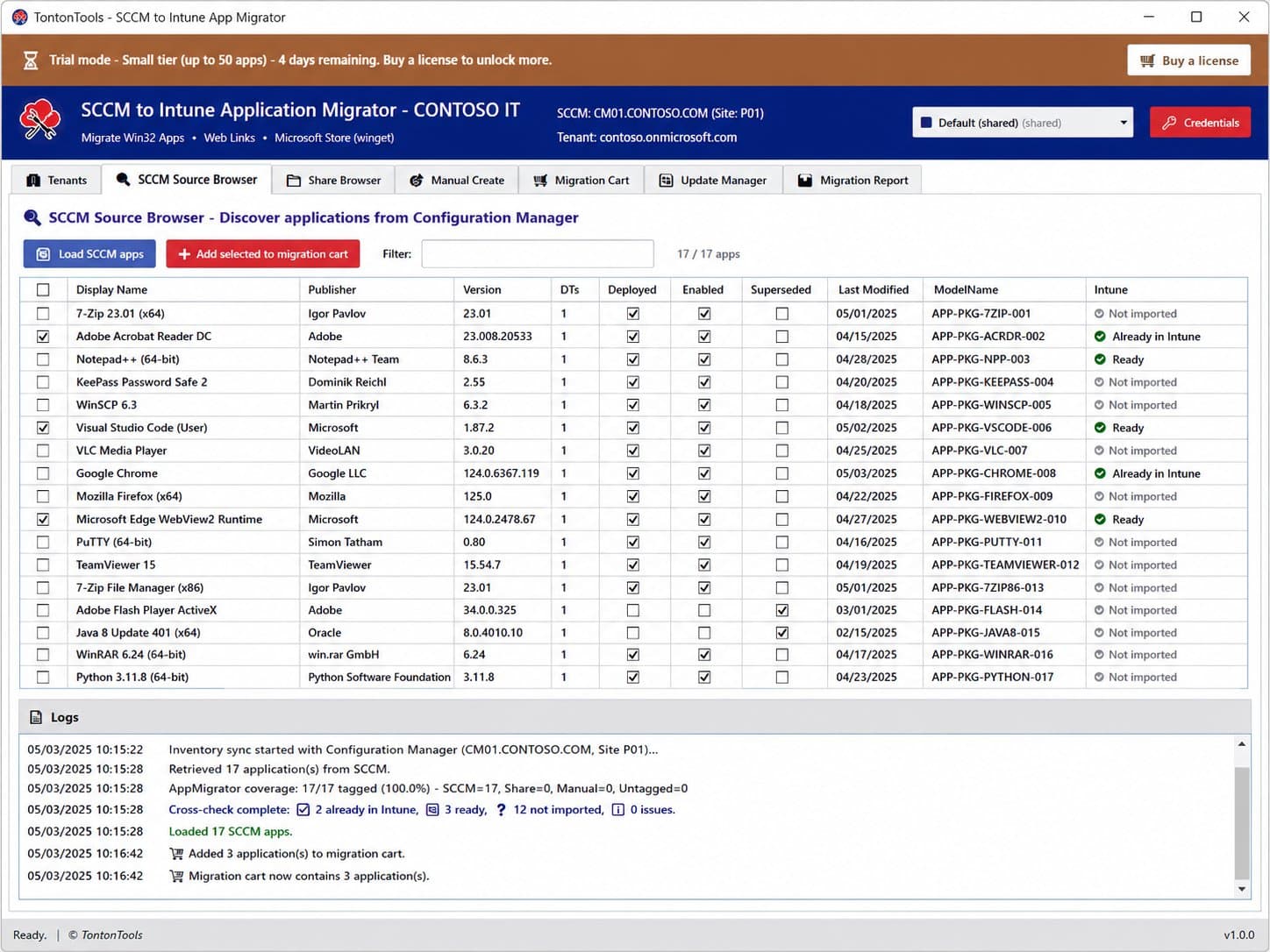 SCCM to Intune Application Migrator — SCCM Source Browser tab, discovered apps with an Intune cross-check column (already in Intune, ready, not imported)
