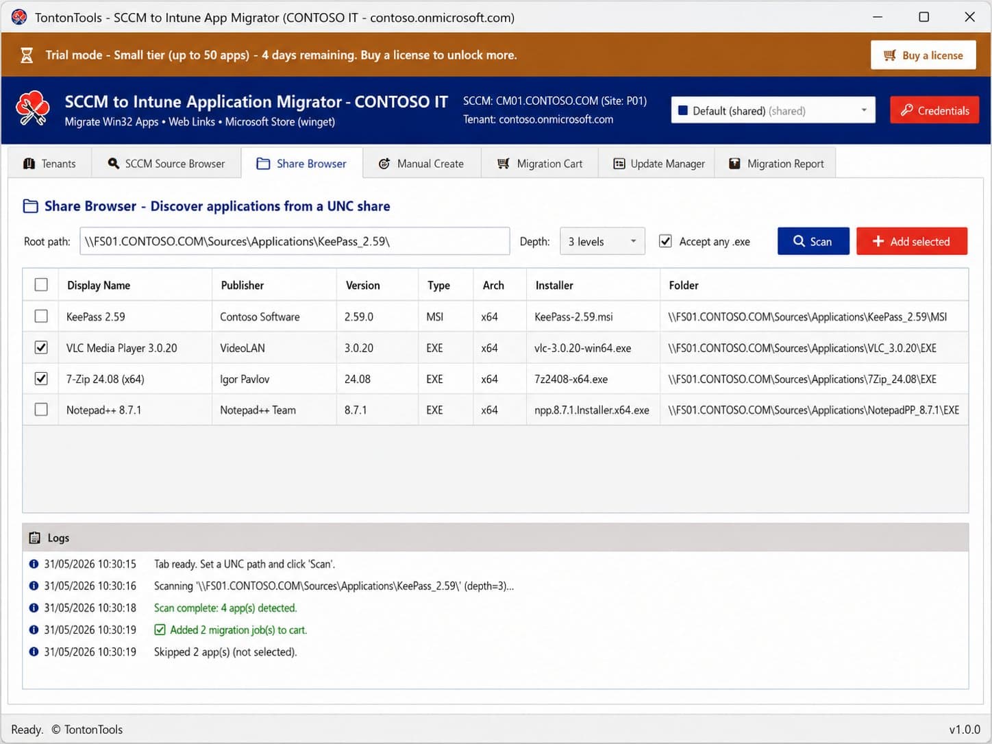 SCCM to Intune Application Migrator — Share Browser tab scanning a UNC share, MSI and EXE installers detected with type and architecture