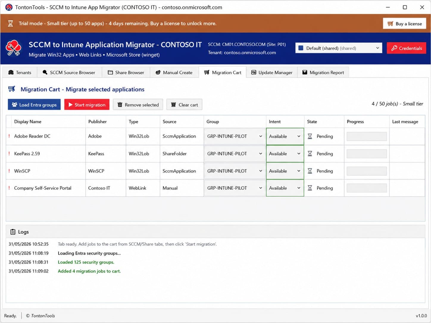 SCCM to Intune Application Migrator — Migration Cart tab with jobs from SCCM, share and manual sources, per-app Entra group and intent