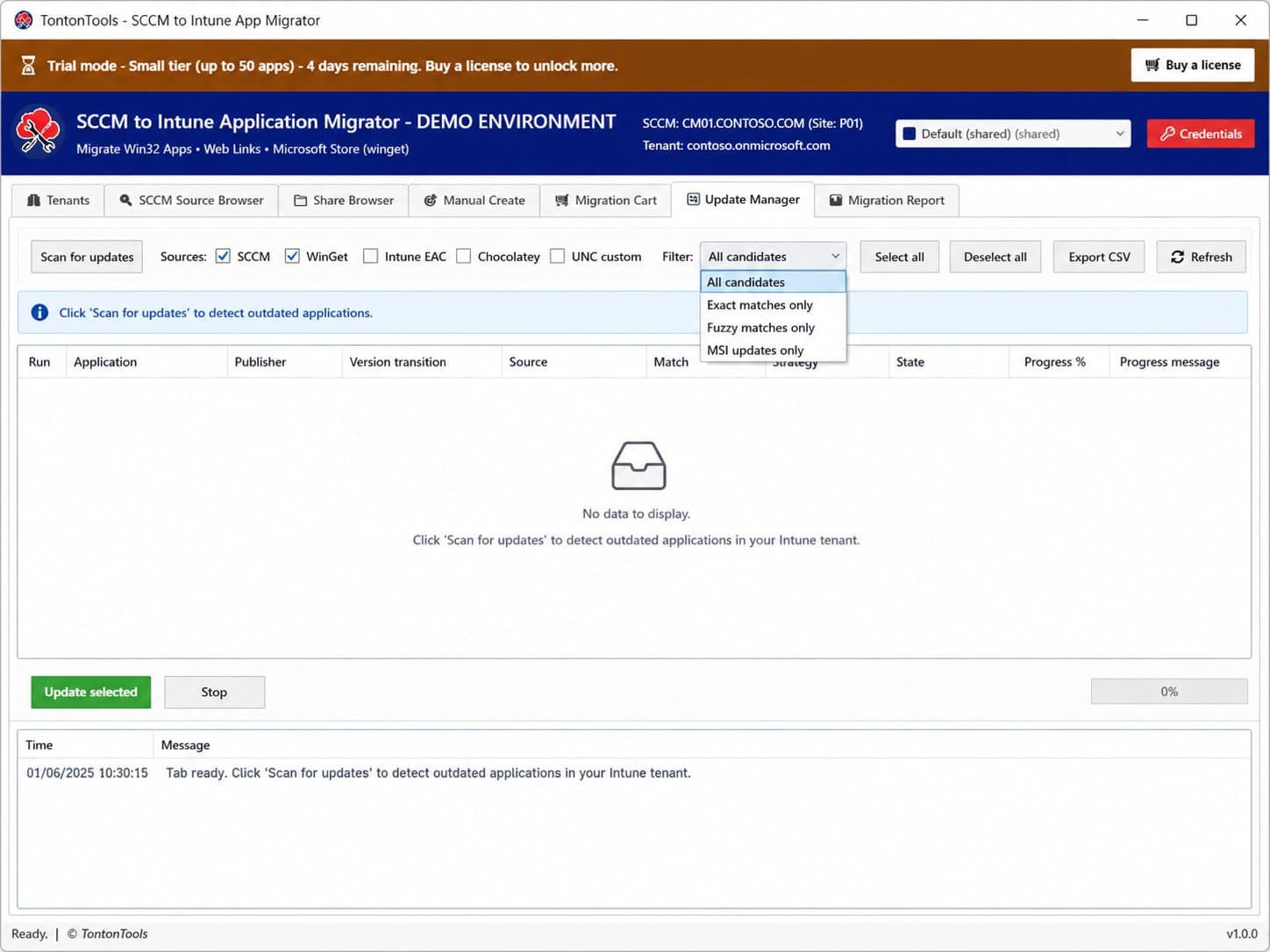 SCCM to Intune Application Migrator — Update Manager tab with source checkboxes and a match-strategy filter for detecting outdated apps