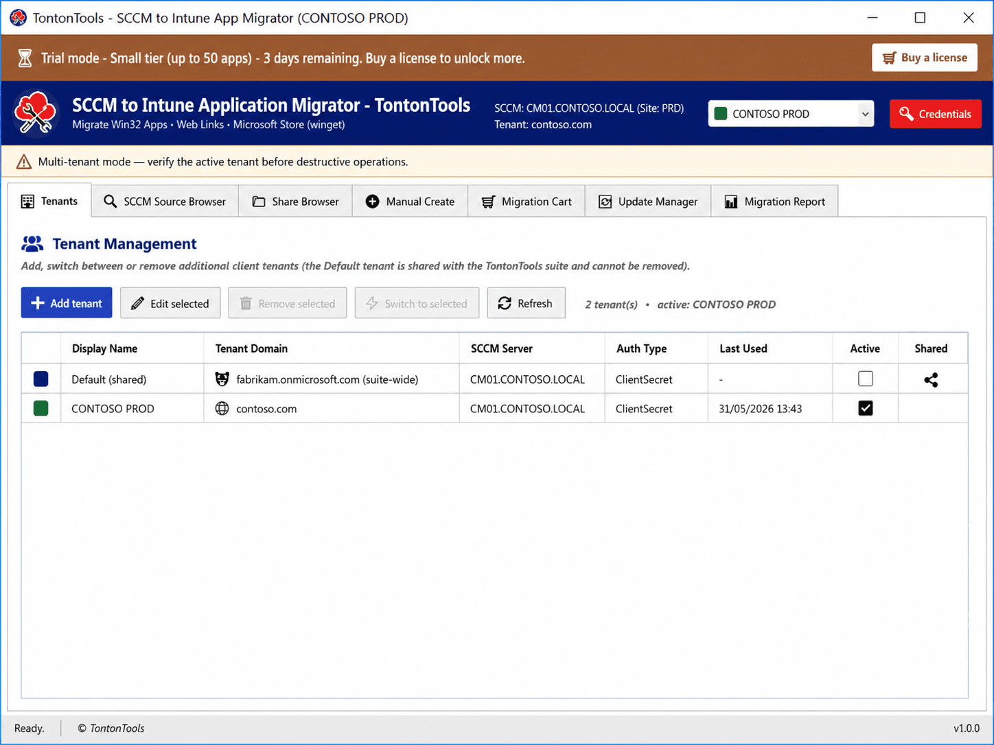 SCCM to Intune Application Migrator — Tenants tab, multi-tenant management table with the shared Default tenant and an active CONTOSO PROD client tenant