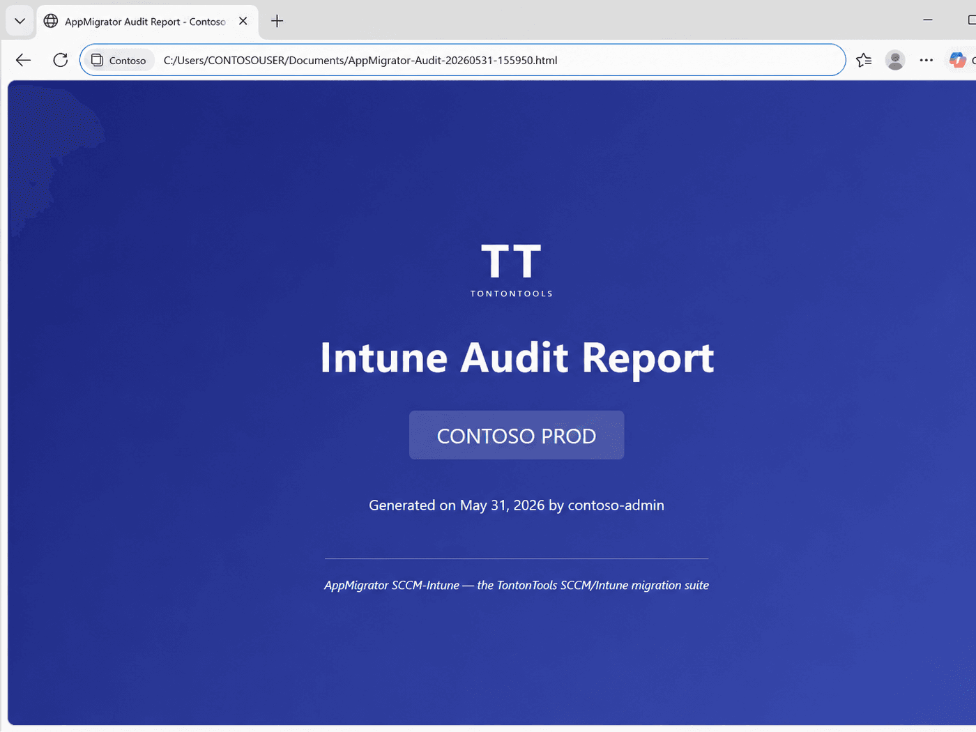 SCCM to Intune Application Migrator — generated HTML audit report cover page opened in a browser, tenant-scoped and timestamped