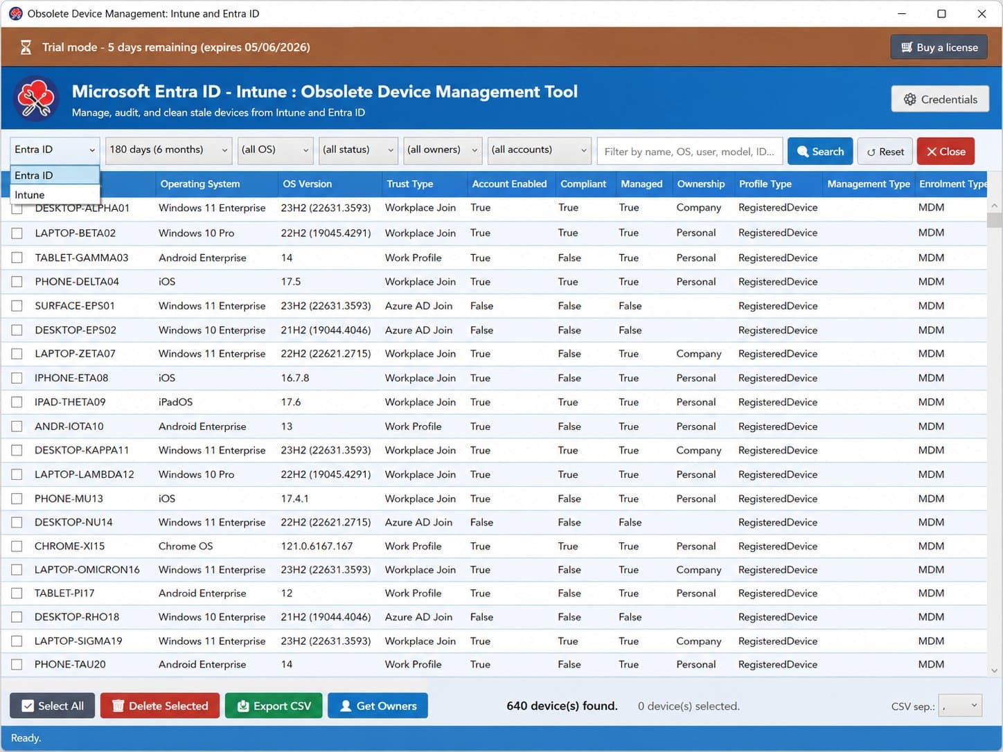 Obsolete Device Management Tool — source dropdown open (Entra ID / Intune) over the full stale-device grid, 640 devices found