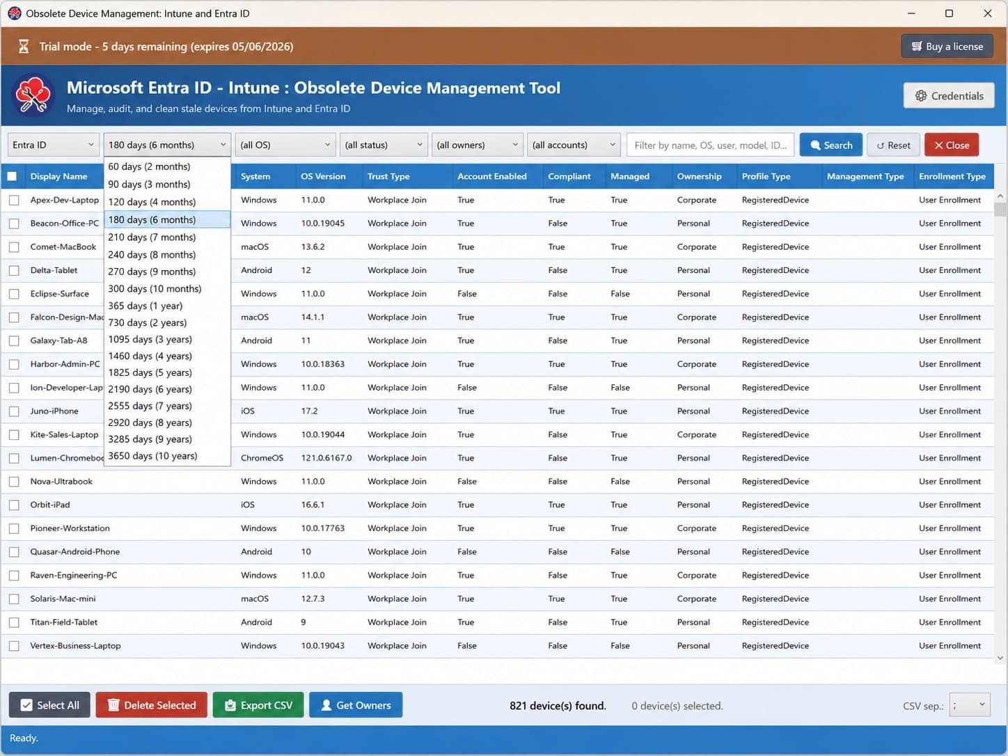 Obsolete Device Management Tool — staleness threshold dropdown open, from 60 days to 10 years