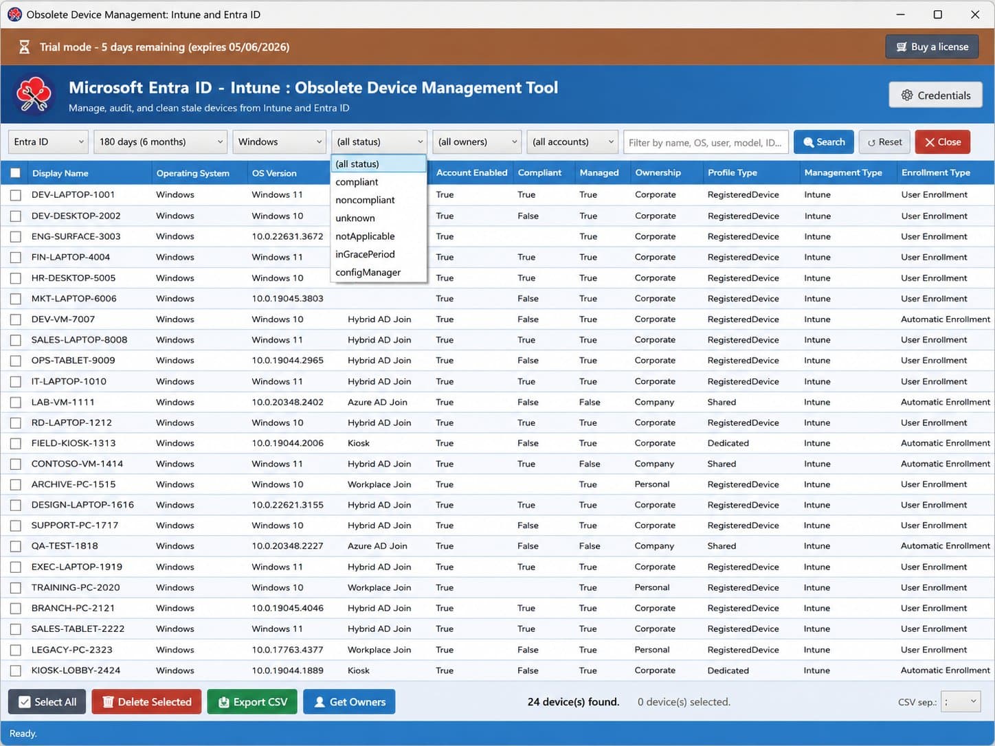Obsolete Device Management Tool — compliance status filter dropdown open over the Intune-managed view