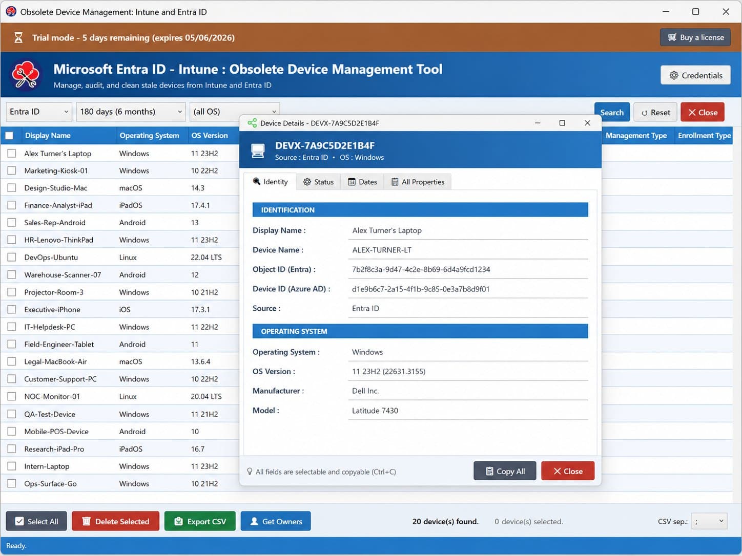Obsolete Device Management Tool — Device Details dialog showing identity, IDs, OS, manufacturer and model