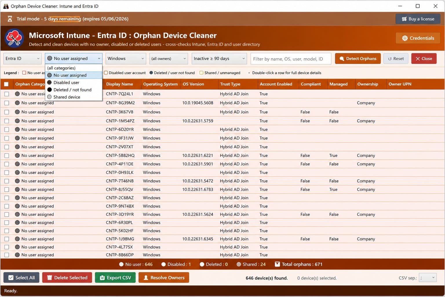 Orphan Device Cleaner — orphan-category dropdown open (no user assigned, disabled user, deleted, shared device) with per-category totals in the status bar