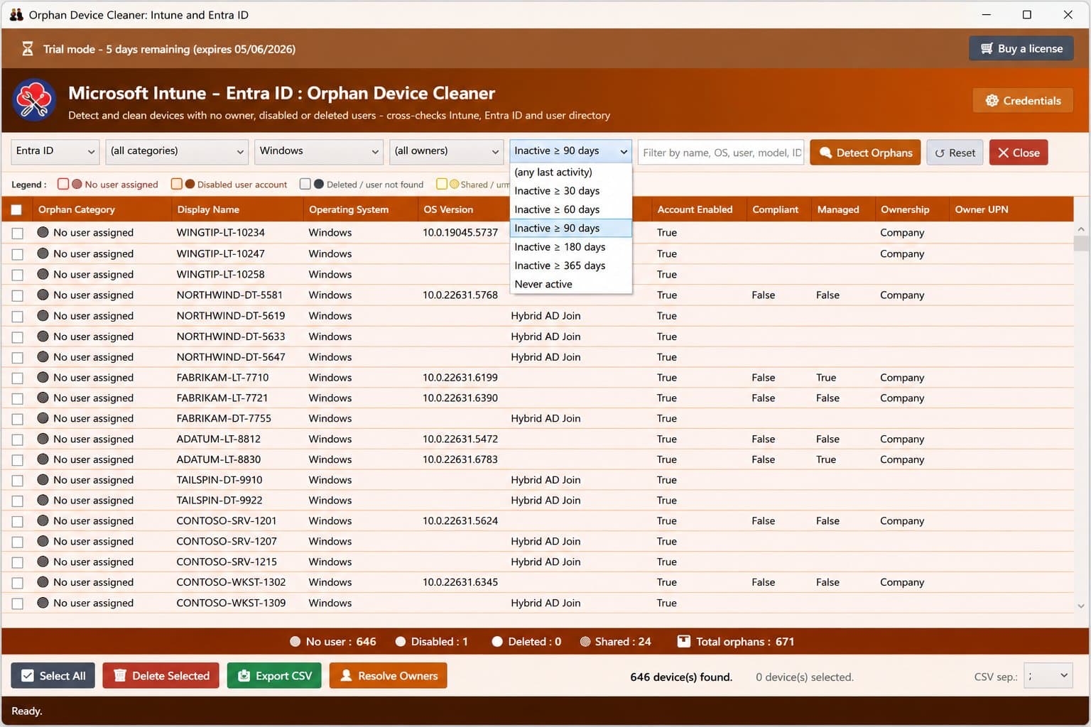 Orphan Device Cleaner — last-activity filter open with inactivity thresholds from 30 days to never active