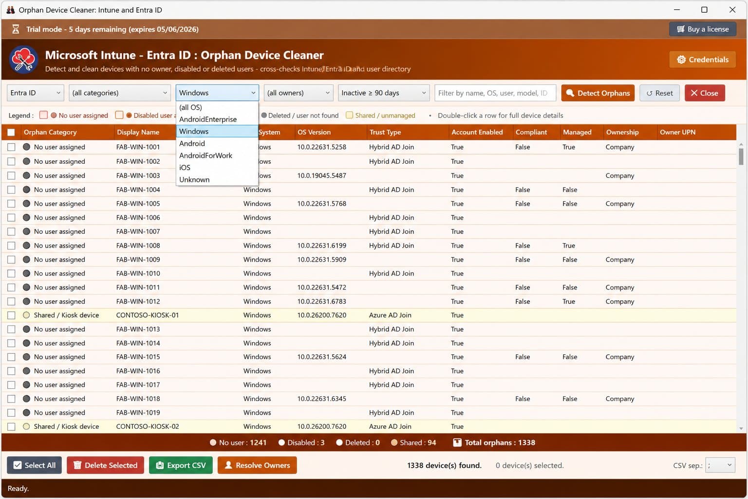 Orphan Device Cleaner — OS filter open with shared and kiosk devices highlighted in the orphan grid